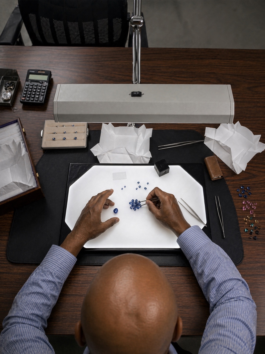 Buying office in Bangkok with a comprehensive gemstone inspection station under D65 lighting.